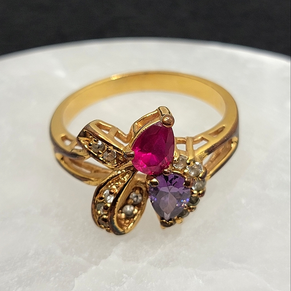Vintage Cocktail Ring Simulated Gemstones Gold Tone